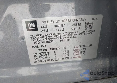 2015 Chevrolet Trax Lt из США, поврежденный, VIN KL7CJLSB3FB163309